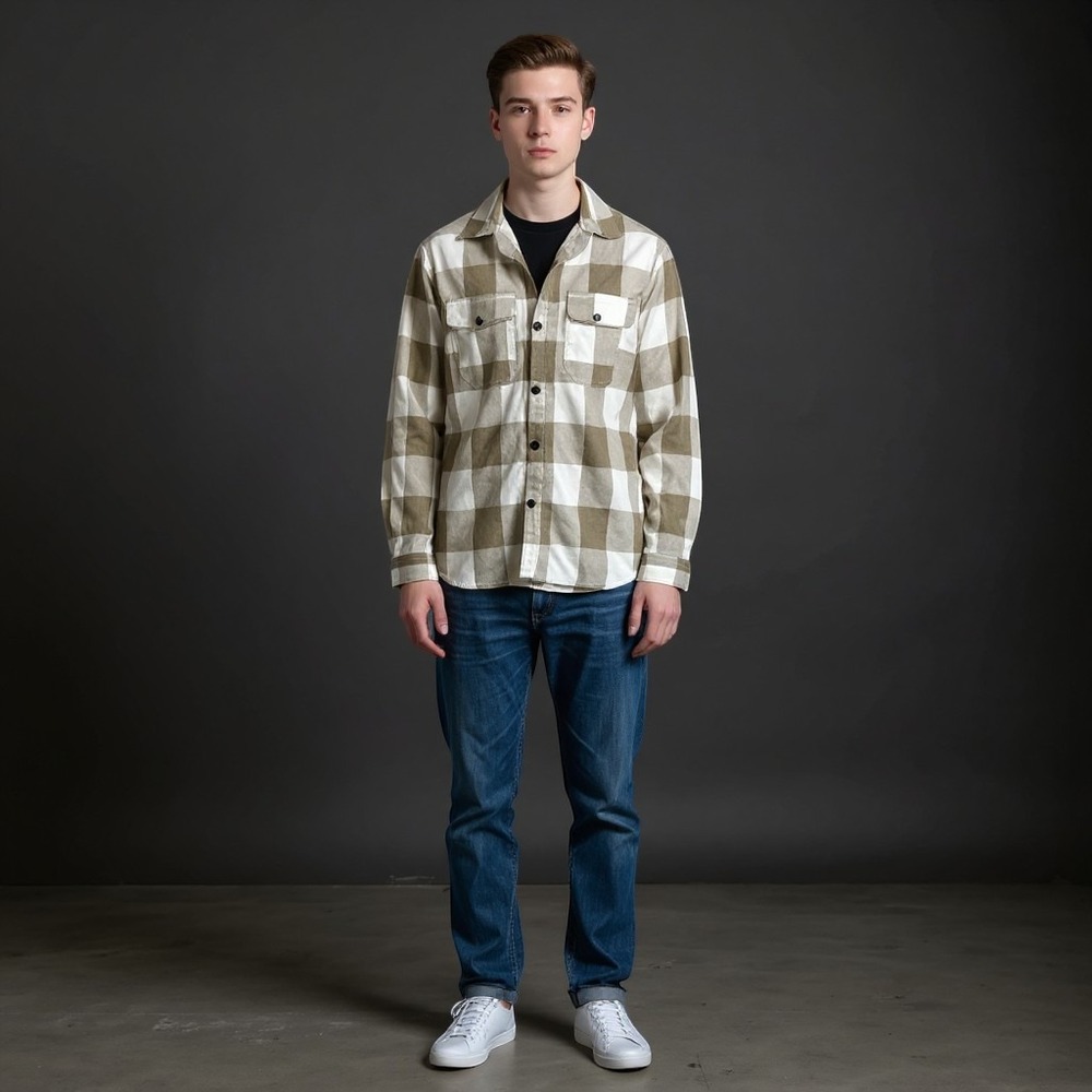 HM Mens Flannel Shirt Jacket Tan White Buffalo Check Plaid Button Down XL